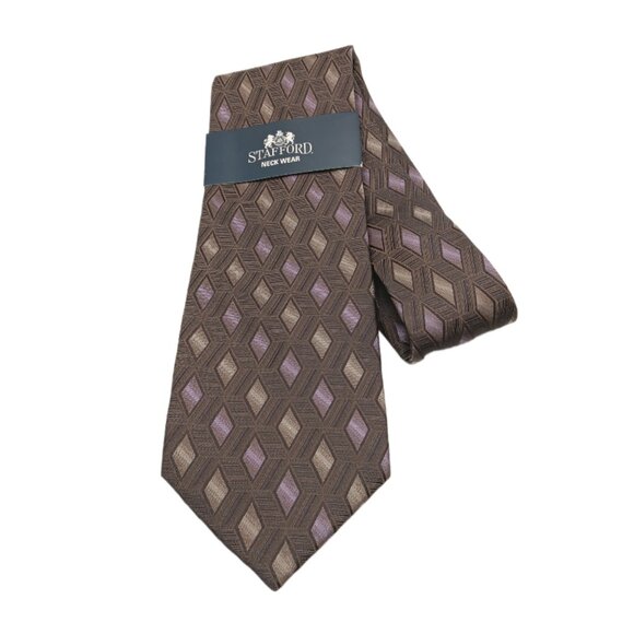 Stafford Silk Tie Men’s 60” Taupe Geometric Diamond Modern Elegant Wide New - Picture 2 of 3